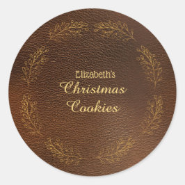 Elegant Gold Leaves Brown Christmas Cookies Runder Aufkleber