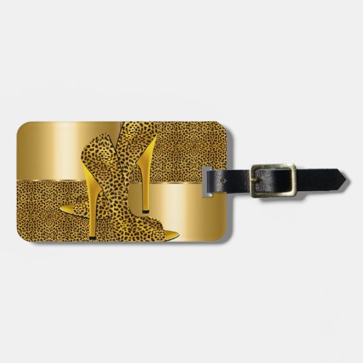 Elegant Gold Leopard High Heel Shoes Animal Gepäckanhänger (Vorderseite horizontal)