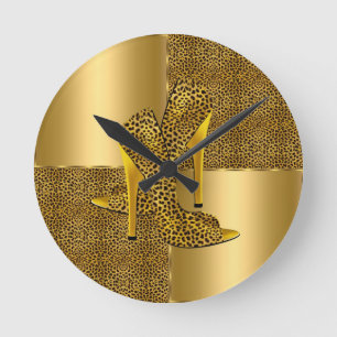 Elegant Gold Leopard High Heel Shoes Animal Runde Wanduhr