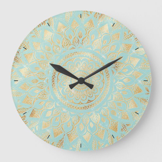 Elegant Gold Light Teal Mandala Floral Große Wanduhr (Vorderseite)