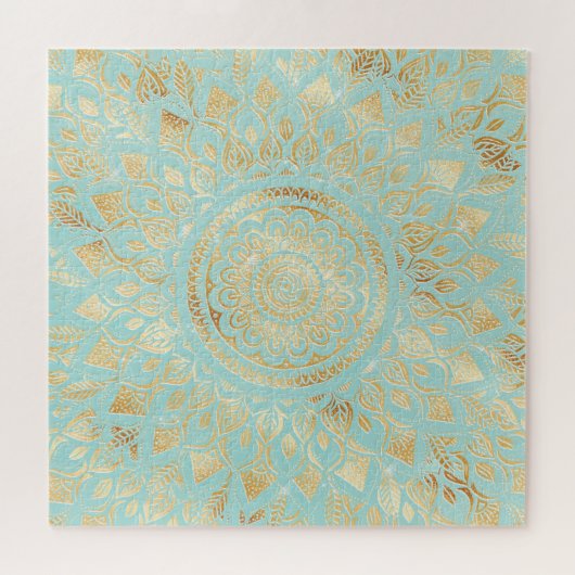 Elegant Gold Light Teal Mandala Floral Puzzle (Horizontal)
