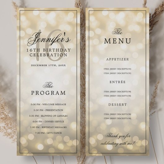 Elegant Gold Lights 16th Birthday Program Menu  Einladung