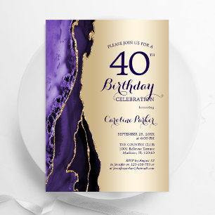 Elegant Gold Lila Agate 40. Geburtstag Einladung