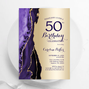 Elegant Gold Lila Agate 50. Geburtstag Einladung