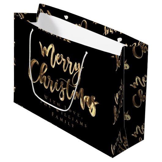 Elegant Gold Look Script Schwarz Frohe Weihnachten Große Geschenktüte (Vorderseite Schrägansicht)