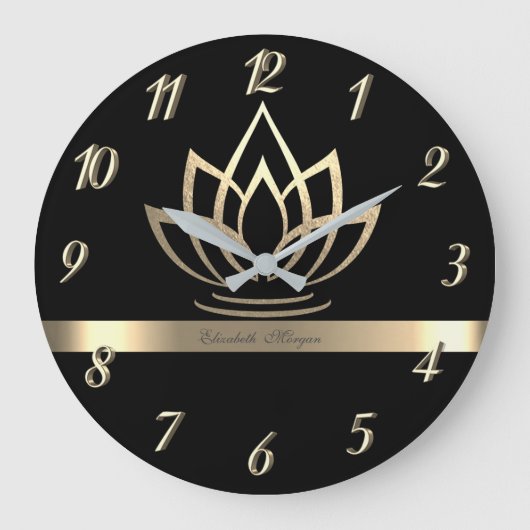 Elegant Gold Lotus, Yoga Black Große Wanduhr (Vorderseite)
