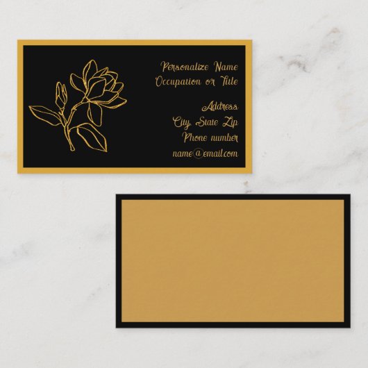 Elegant Gold Magnolia Flower Black BG Chic Visitenkarte (Vorne/Hinten)