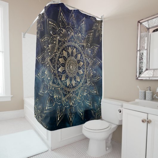 Elegant Gold Mandala Blue Galaxy Duschvorhang (Beispiel)