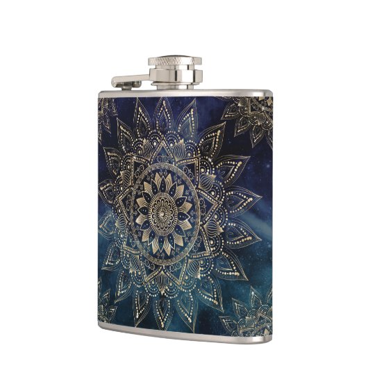 Elegant Gold Mandala Blue Galaxy Flachmann (Links)