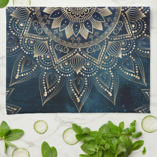 Elegant Gold Mandala Blue Galaxy Geschirrtuch (Gefaltet)