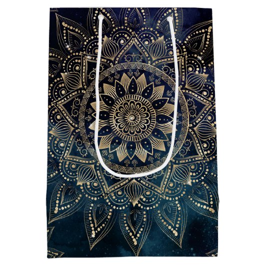 Elegant Gold Mandala Blue Galaxy Mittlere Geschenktüte (Rückseite)
