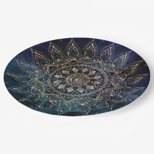 Elegant Gold Mandala Blue Galaxy Pappteller