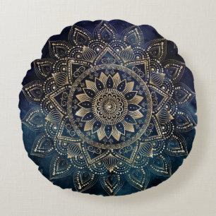 Elegant Gold Mandala Blue Galaxy Rundes Kissen