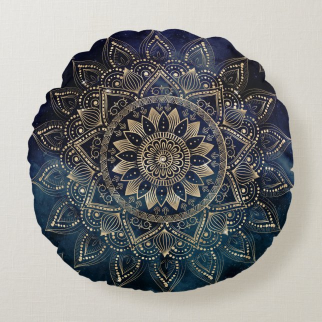 Elegant Gold Mandala Blue Galaxy Rundes Kissen (Vorderseite)