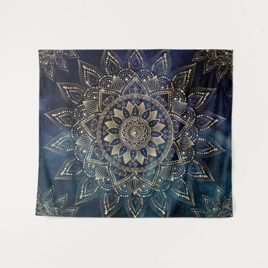 Elegant Gold Mandala Blue Galaxy Wandteppich (Vorderseite (Horizontal))