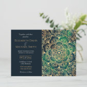 Elegant Gold Mandala Blumengrün Blau Einladung (Stehend Vorderseite)
