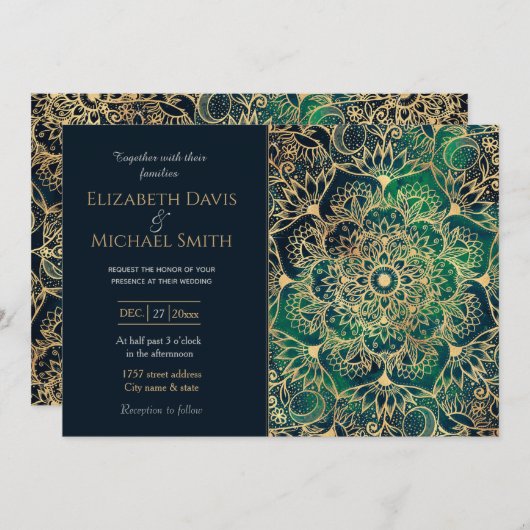 Elegant Gold Mandala Blumengrün Blau Einladung (Vorne/Hinten)