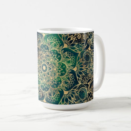 Elegant Gold Mandala Blumengrün Blau Kaffeetasse (VorderseiteRechts)
