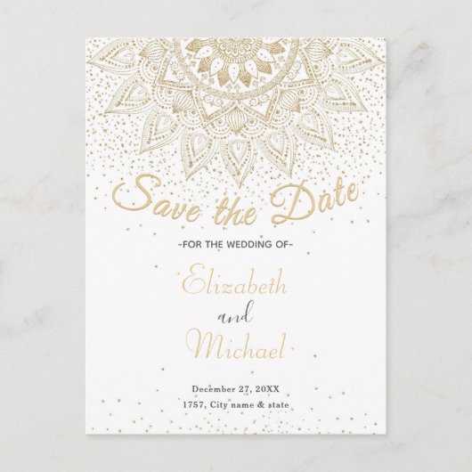 Elegant Gold Mandala Confetti Design Ankündigungspostkarte (Vorderseite)