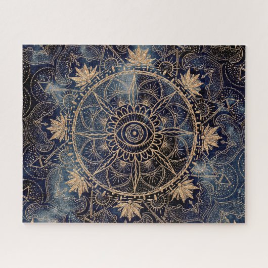 Elegant Gold Mandala Eye Sun Moon Navy Blue Puzzle (Horizontal)