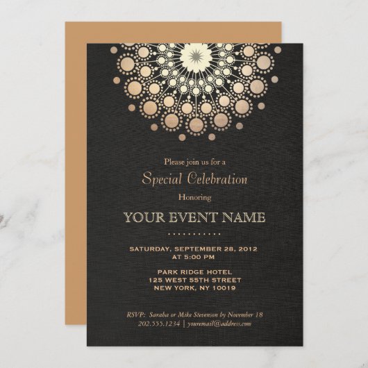 Elegant Gold Mandala Schwarz formelle Einladung (Vorne/Hinten)