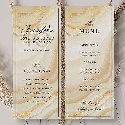 Elegant Gold Marble 16th Birthday Program Menu  Einladung