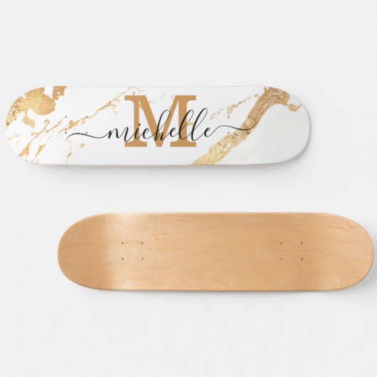 Elegant Gold Marble Monogram Script Skateboard (Horizontal)