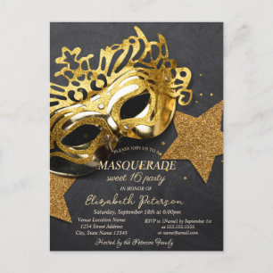 Elegant Gold Masque Stars Sweet 16 Einladungspostkarte