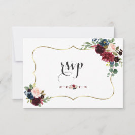 Elegant Gold Merlot Navy Blue Floral Wedding RSVP Karte