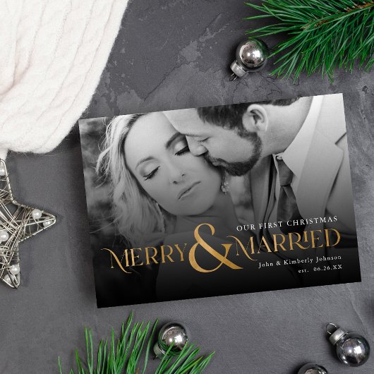 Elegant Gold Merry and Married Photo Holiday Card Einladung