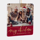Elegant Gold Merry Christmas Script Photo Red Keramikornament (Rechts)