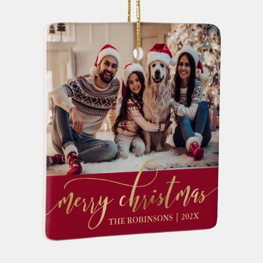 Elegant Gold Merry Christmas Script Photo Red Keramikornament (Rechts)