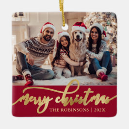Elegant Gold Merry Christmas Script Photo Red  Keramikornament