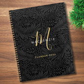 Elegant Gold Monogram Black Floral 2026 Planer