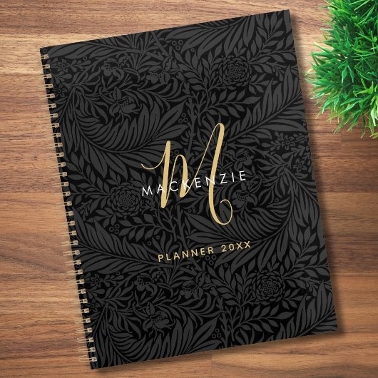 Elegant Gold Monogram Black Floral 2026 Planer