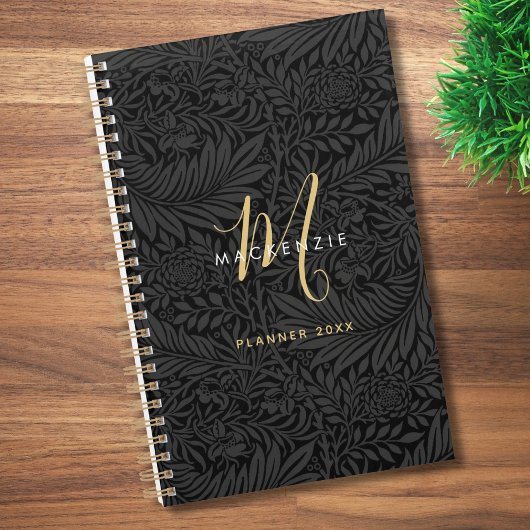 Elegant Gold Monogram Black Floral 2026 Planer
