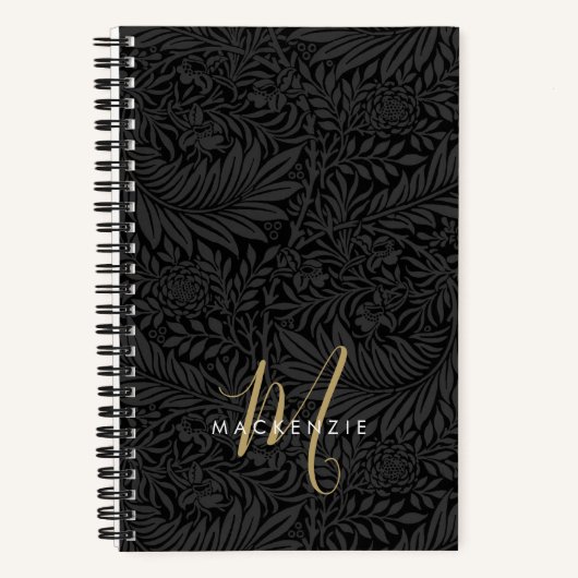 Elegant Gold Monogram Black Floral Pattern Notizblock (Vorderseite)