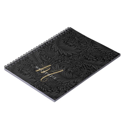 Elegant Gold Monogram Black Floral Pattern Notizblock (Linke Seite)