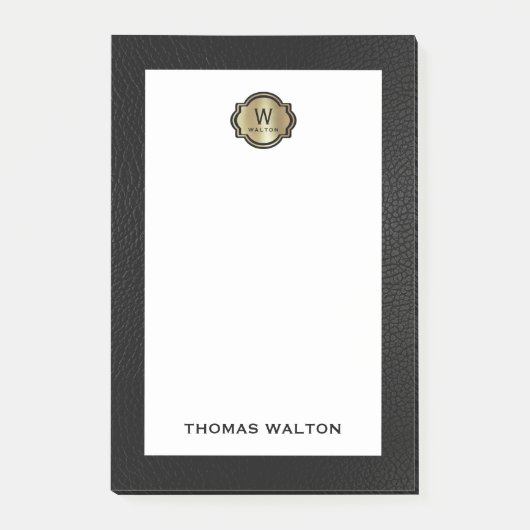 Elegant Gold Monogram Black Leather Look Post-it Klebezettel (Vorderseite)