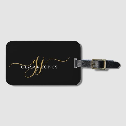 Elegant Gold Monogram Black Luggage Tag Gepäckanhänger (Vorderseite (Horizontal))