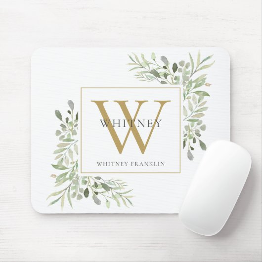 Elegant Gold Monogram Blumengrün Mouse Pad Mousepad (Mit Mouse)