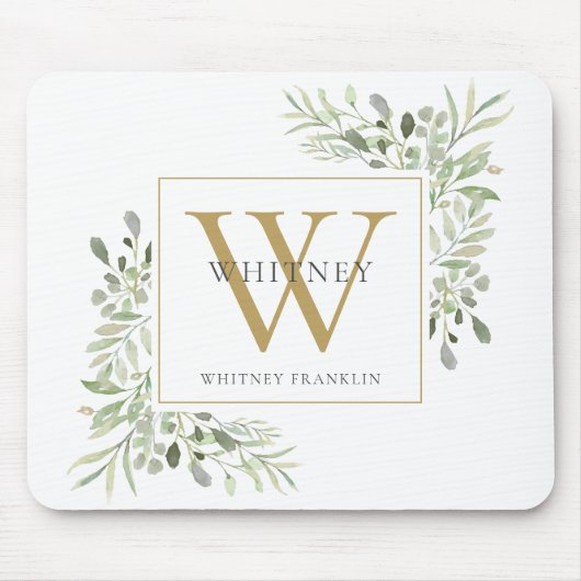 Elegant Gold Monogram Blumengrün Mouse Pad Mousepad (Vorne)