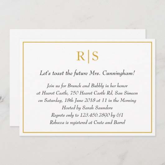 Elegant Gold Monogram Bridal Brunch Einladung (Vorne/Hinten)