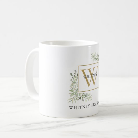 Elegant Gold Monogram Eukalyptus Greenery Kaffeetasse (Vorderseite Links)