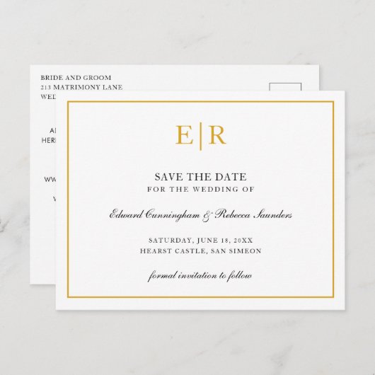 Elegant Gold Monogram Formal Wedding Save the Date Ankündigungspostkarte (Vorne/Hinten)