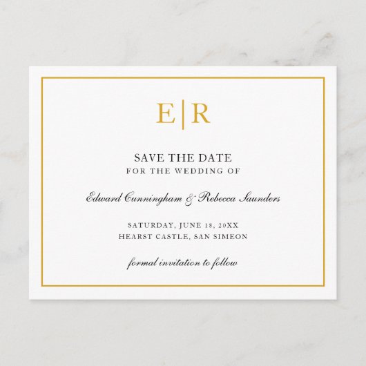 Elegant Gold Monogram Formal Wedding Save the Date Ankündigungspostkarte (Vorderseite)