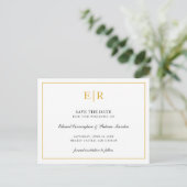 Elegant Gold Monogram Formal Wedding Save the Date Ankündigungspostkarte (Stehend Vorderseite)