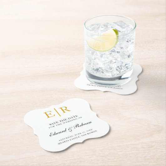 Elegant Gold Monogram Formal Wedding Save the Date Untersetzer (Vor Ort)