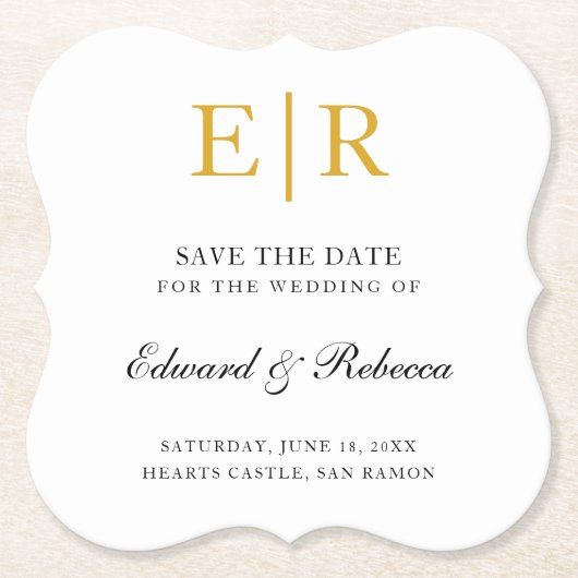 Elegant Gold Monogram Formal Wedding Save the Date Untersetzer (Vorderseite)