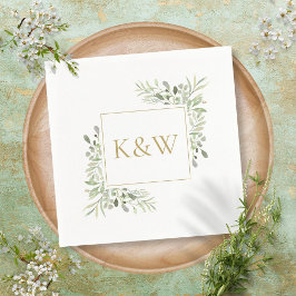 Elegant Gold Monogram Green Foliage Wedding Serviette
